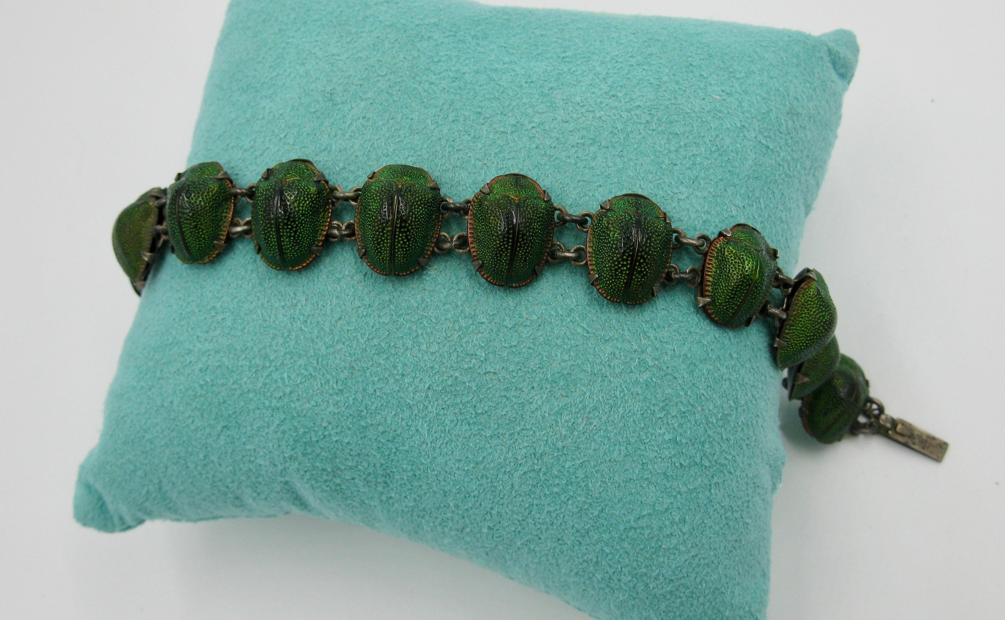 Women's Victorian Natural Scarab Beetle Bracelet Egyptian Revival Sterling Silver For Sale