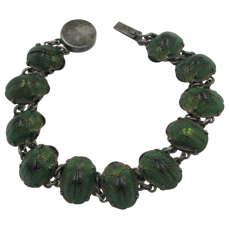 Victorian Natural Scarab Beetle Bracelet Egyptian Revival Sterling