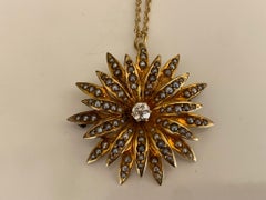 Victorian Natural Seed Pearl and Diamond Flower Pendant Necklace