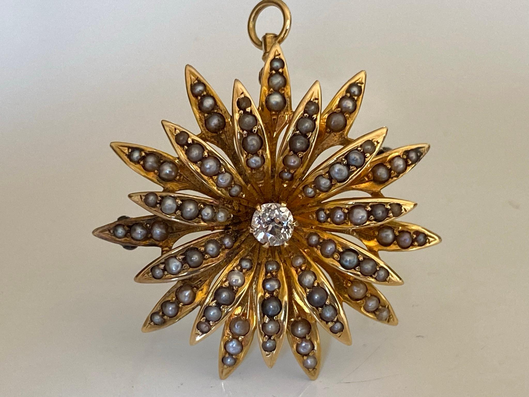 Collier pendentif fleur en perles naturelles et diamants de style victorien Bon état - En vente à Denver, CO