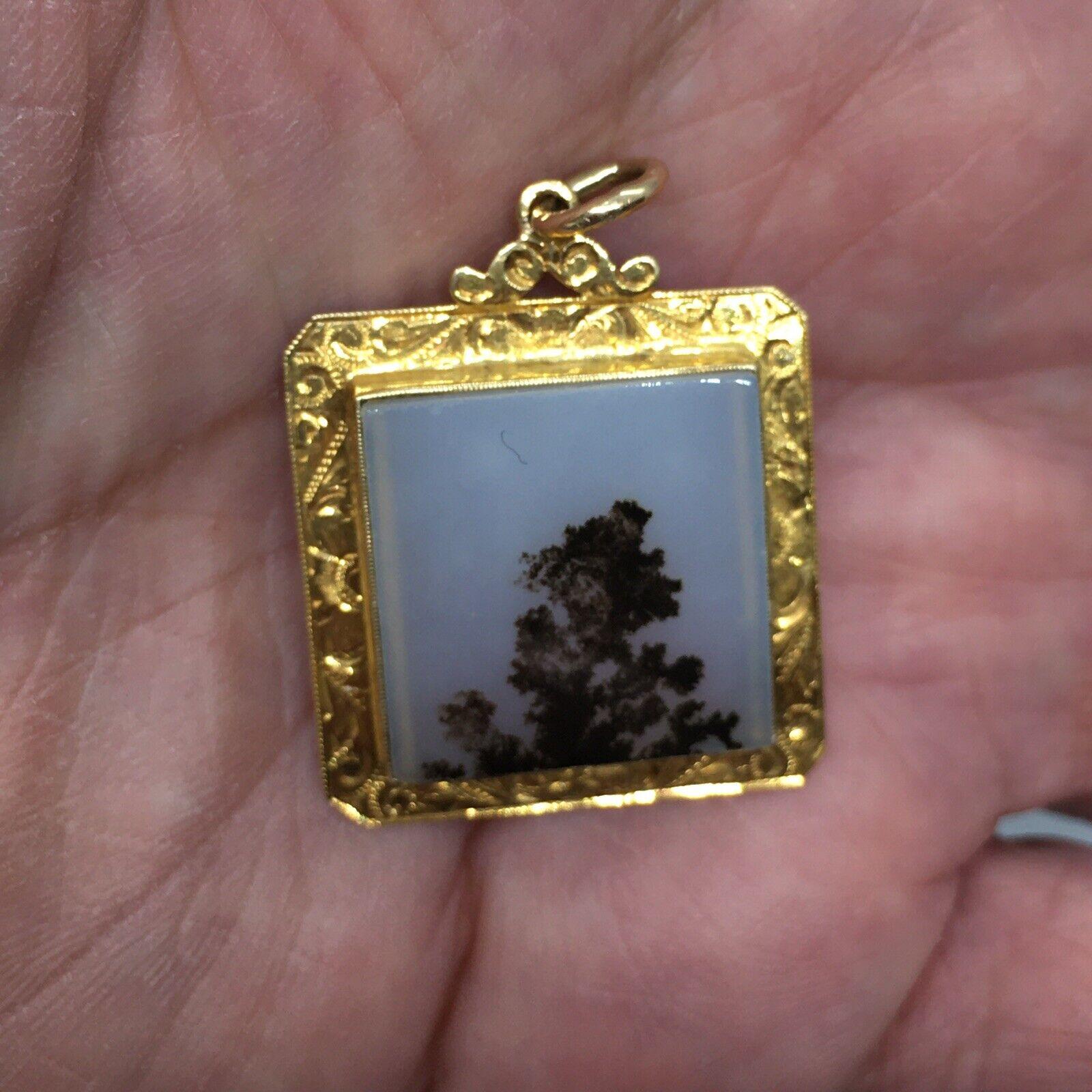 Victorian Natural Stone 14k Gold Pendant Square Engraved Antique In Good Condition For Sale In Santa Monica, CA