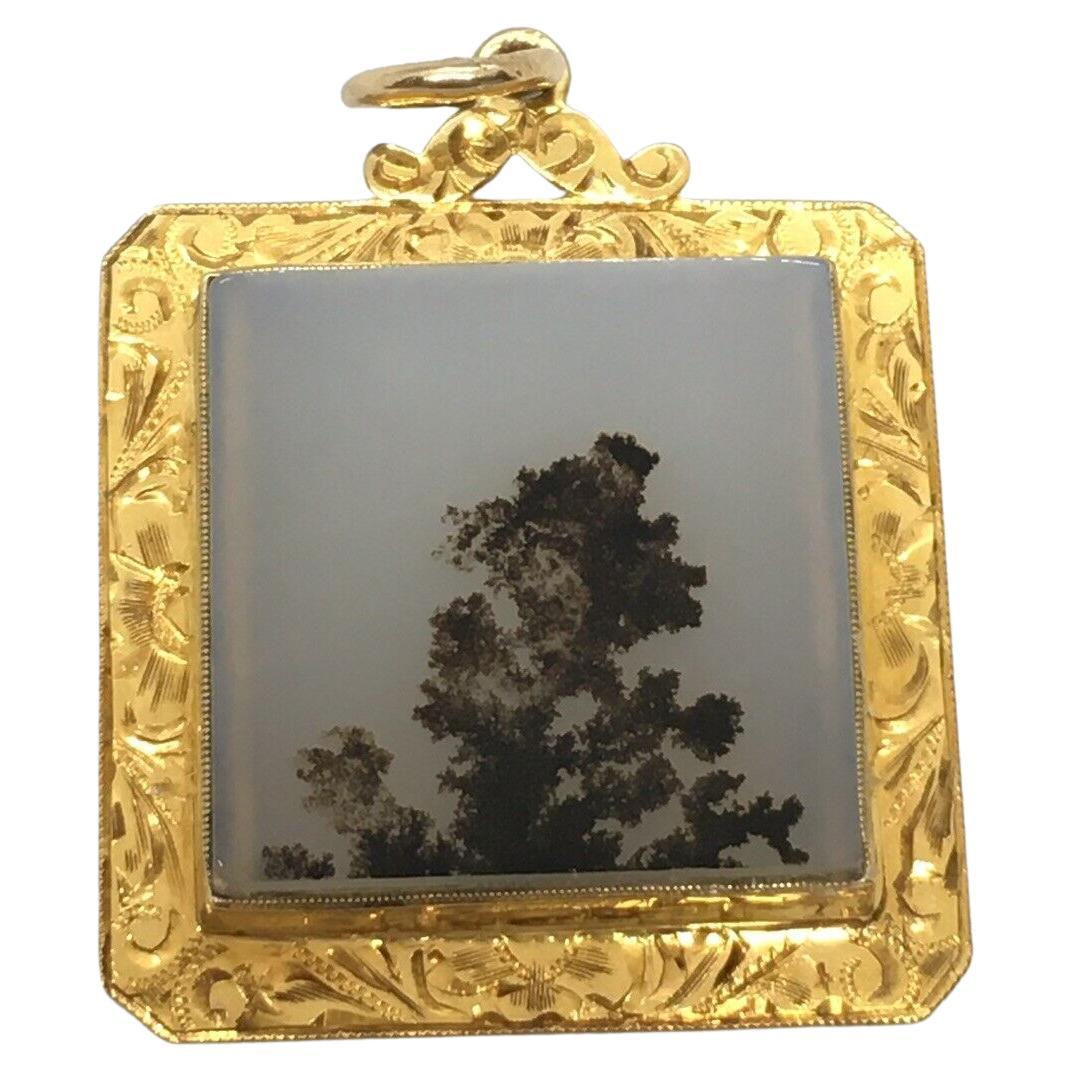 Victorian Natural Stone 14k Gold Pendant Square Engraved Antique For Sale