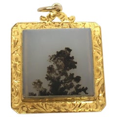 Victorian Natural Stone 14k Gold Pendant Square Engraved Used