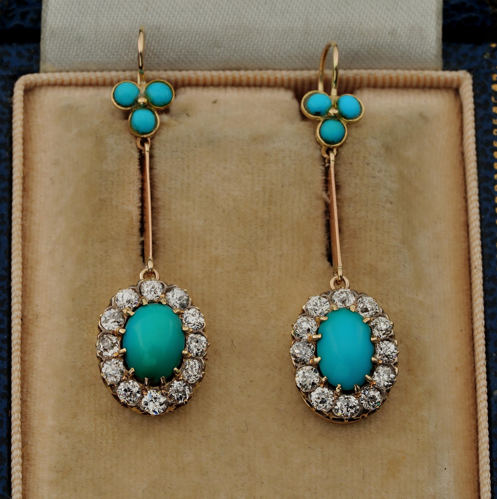 Victorian period, gorgeous and rare drop earrings to cherish and treasure for ever
Simply designed with a top trilogy of Turquoise in connection to a long bar leading to the main cluster
Sweet and lovely with great amount of glowing sparkle