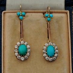 Victorian Natural Turquoise 2.40 Ct Diamond Rare Drop earrings