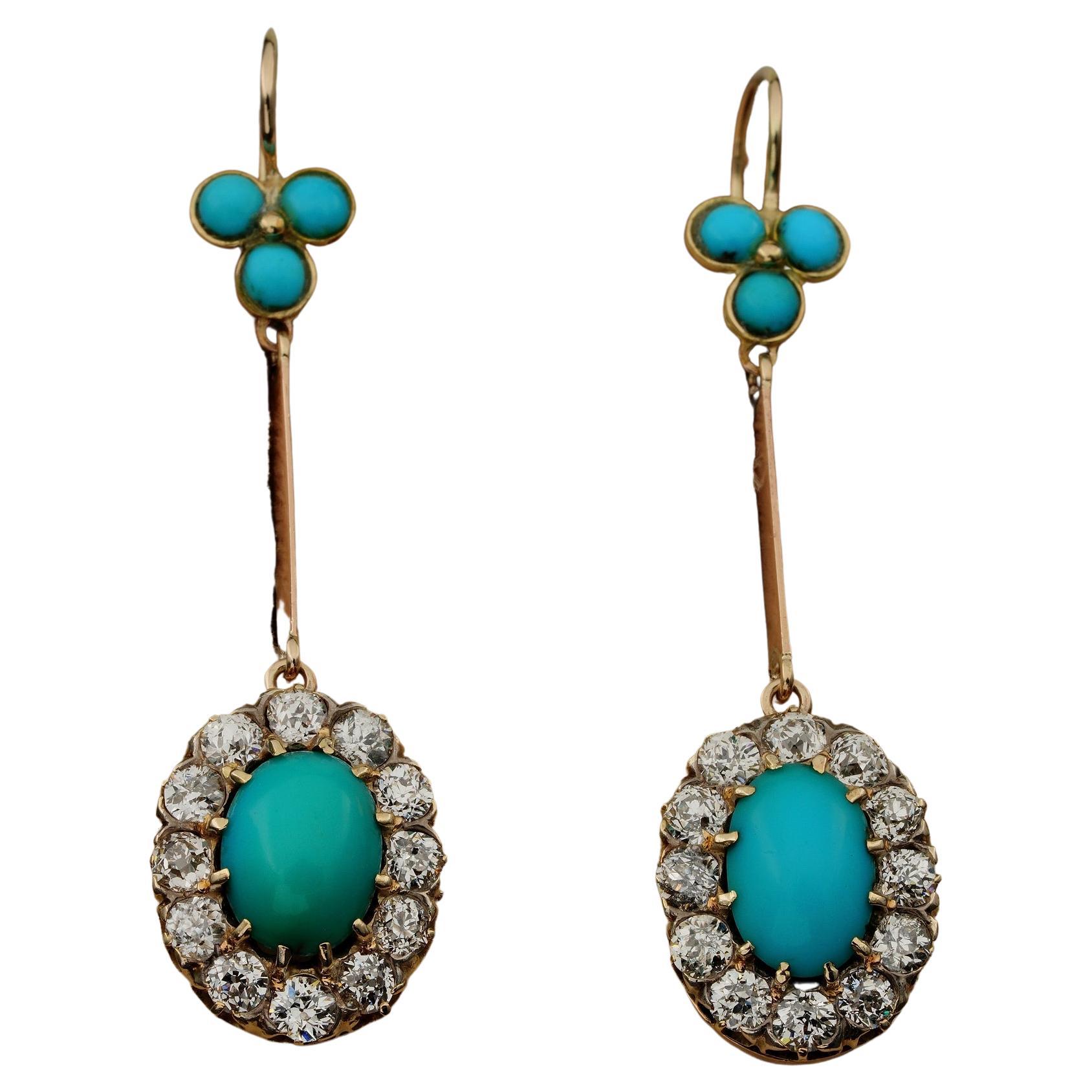 Boucles d'oreilles en goutte victoriennes avec turquoise naturelle et diamants de 2,40 carats en vente
