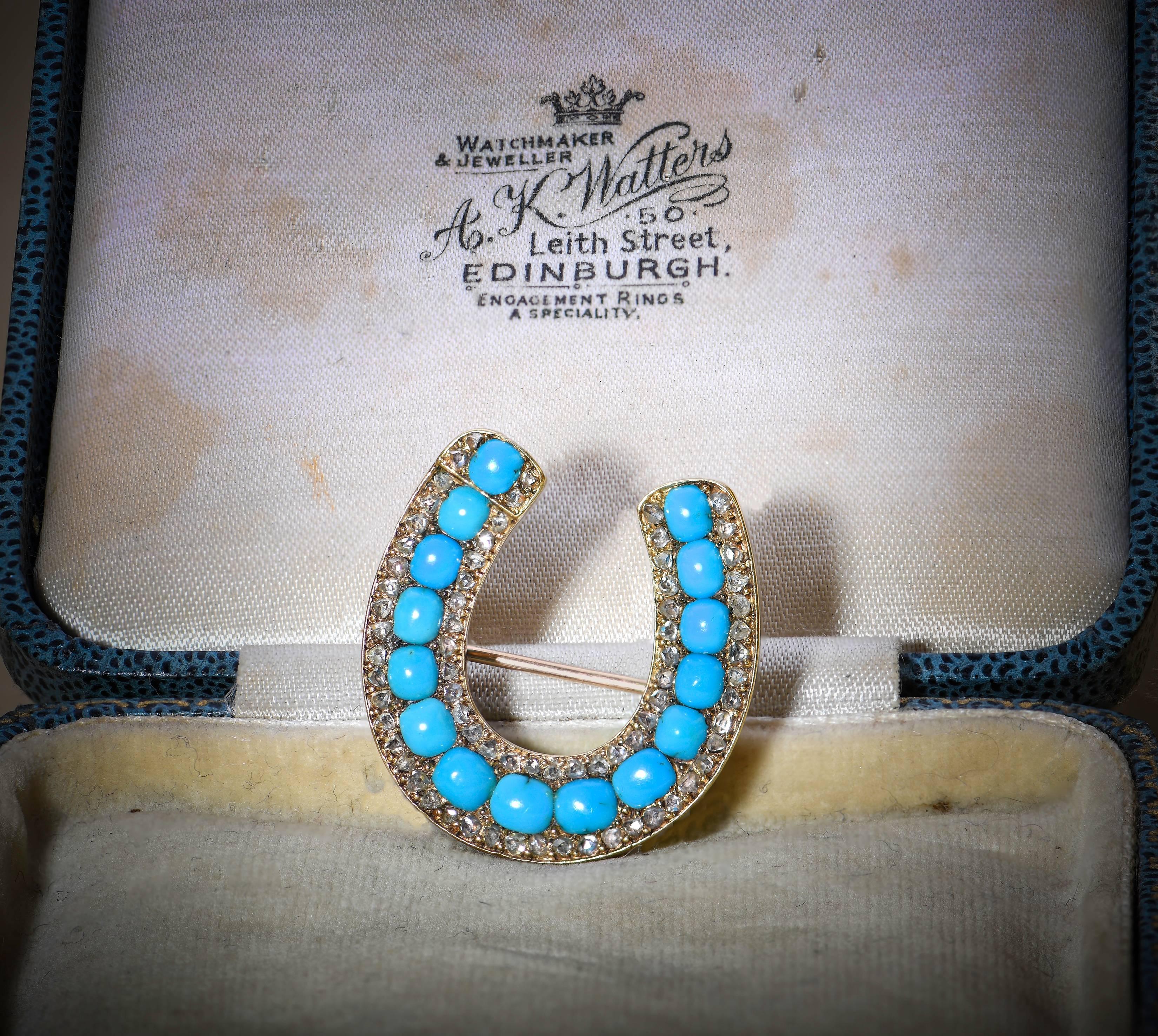 Rose Cut Victorian Natural Turquoise and Diamond Yellow Gold Horse Shoe Brooch