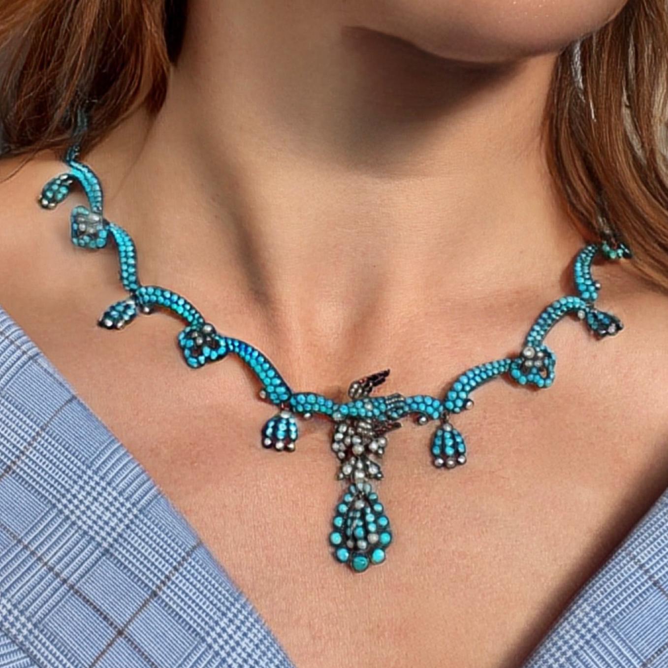 Perlina Collana vittoriana di turchesi e perle naturali, CIRCA 1860 in vendita