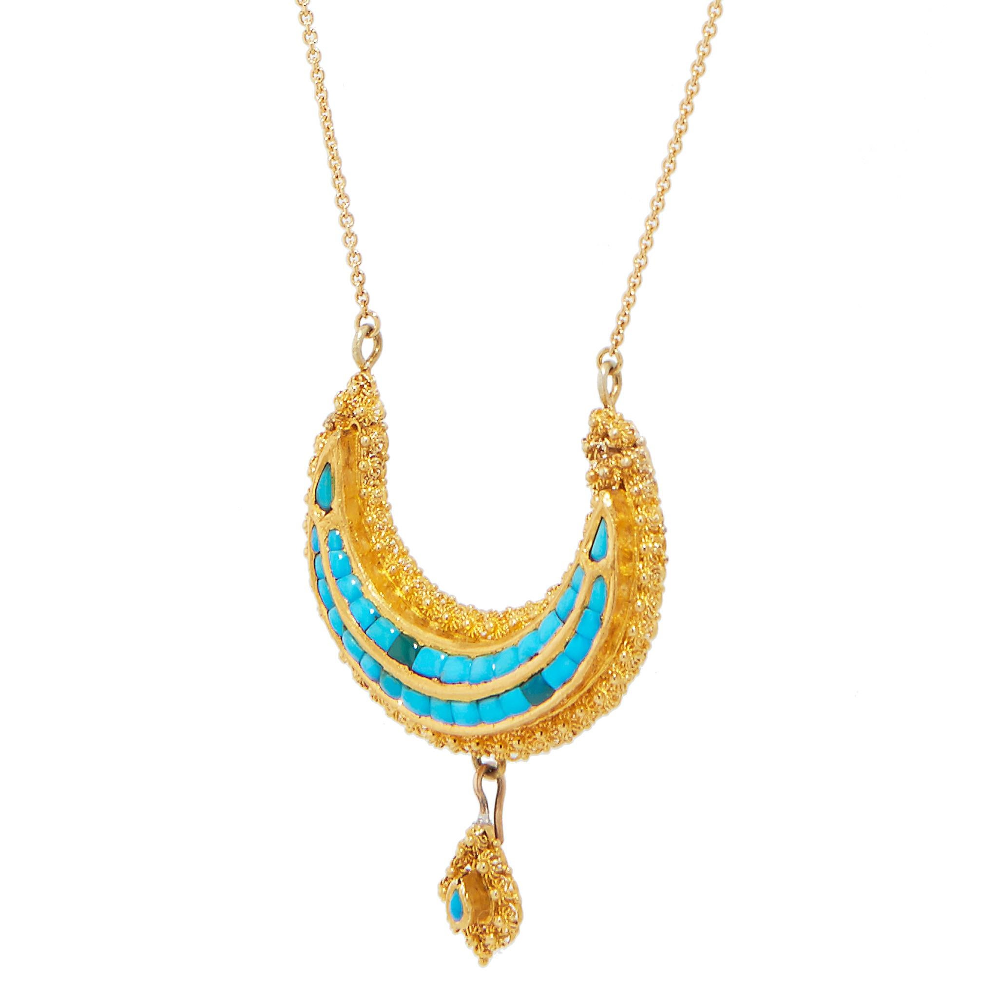 Bead Victorian Natural Turquoise Yellow Gold Crescent Shaped Pendant Necklace  For Sale