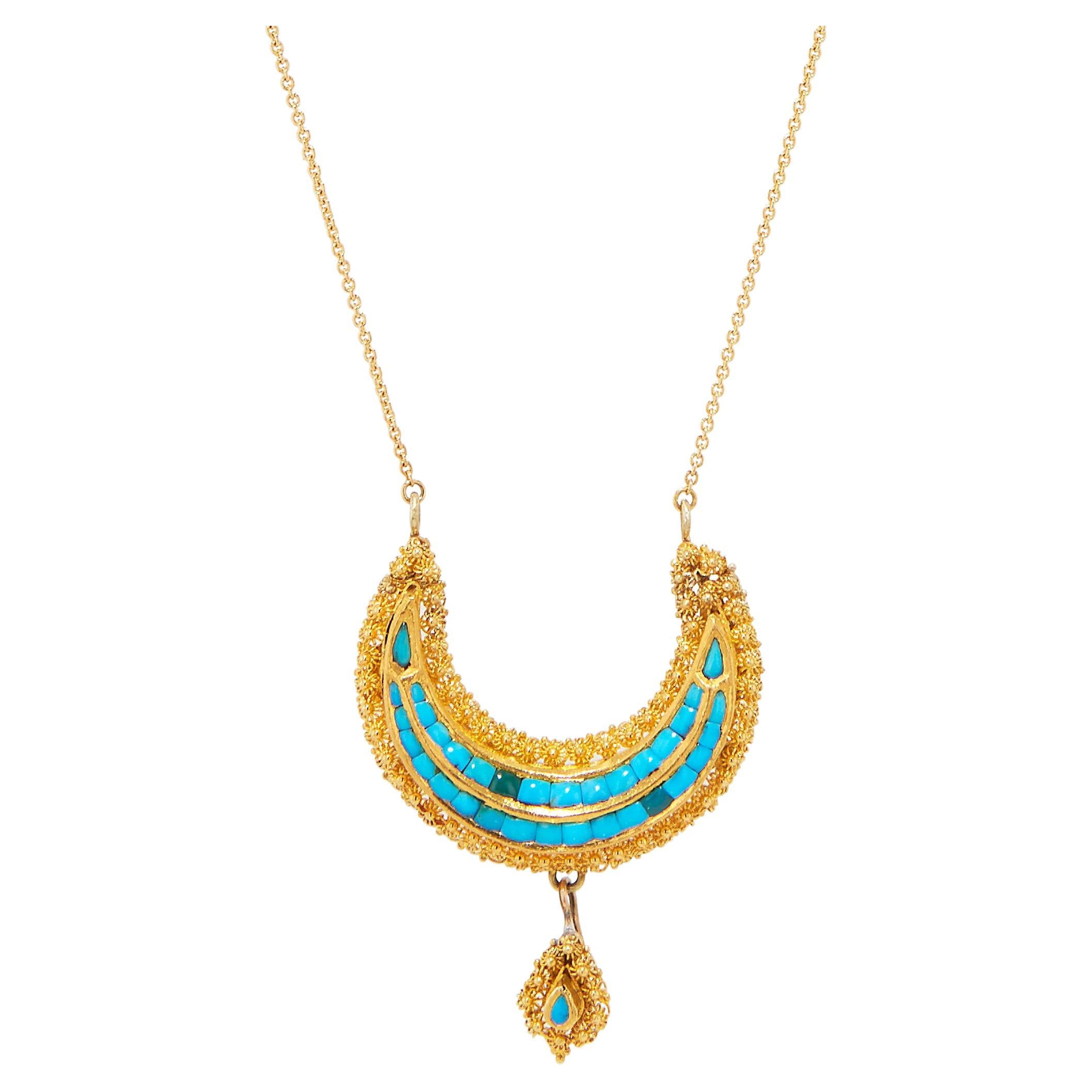 Victorian Natural Turquoise Yellow Gold Crescent Shaped Pendant Necklace For Sale