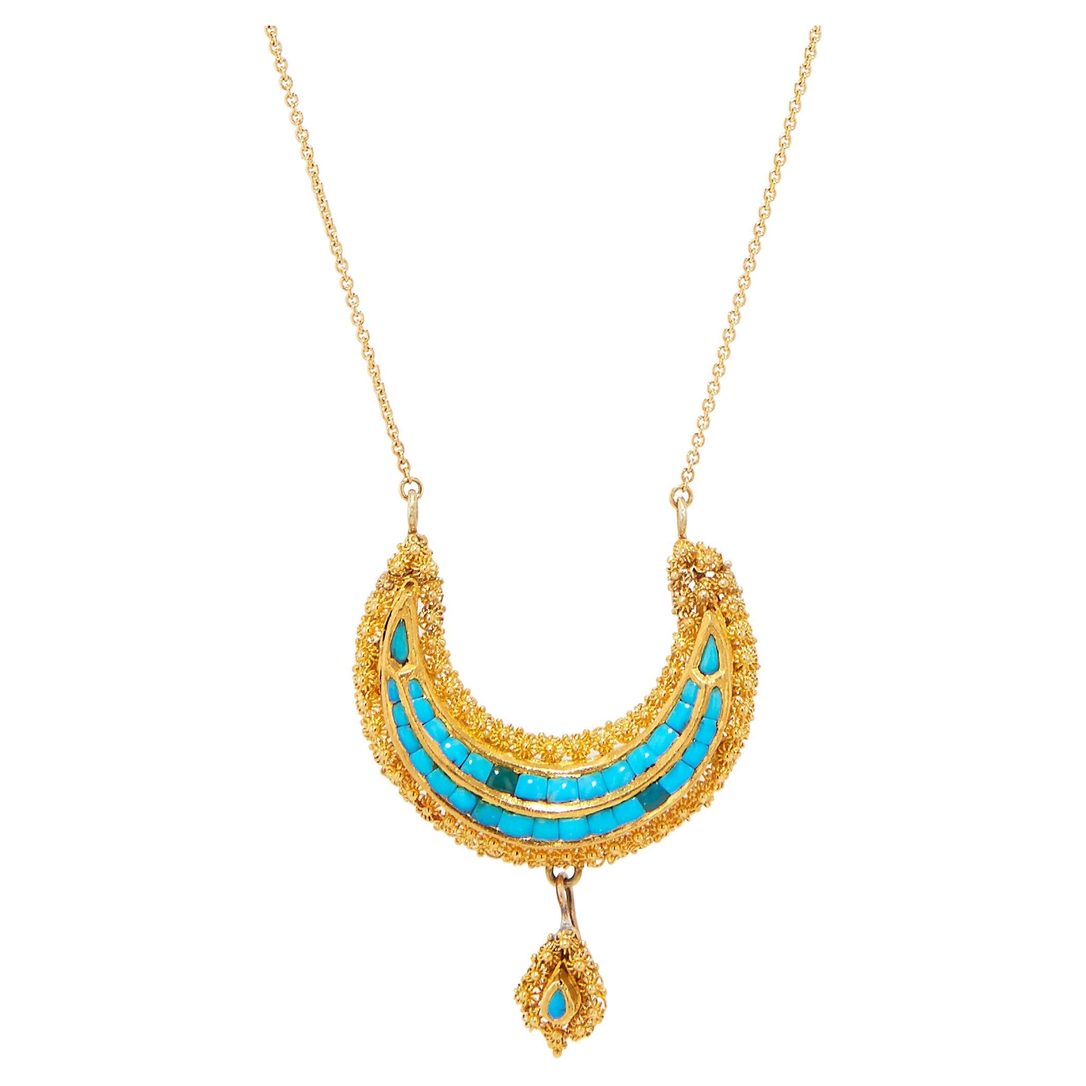 Victorian Natural Turquoise Yellow Gold Crescent Shaped Pendant Necklace 