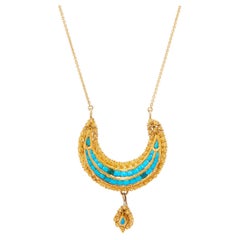 Victorian Natural Turquoise Yellow Gold Crescent Shaped Pendant Necklace 