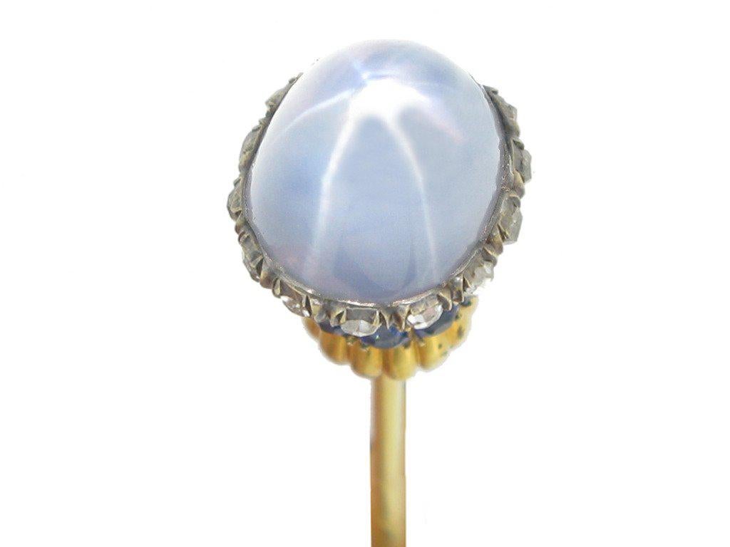 Victorian Natural Unenhanced Star Sapphire Diamond Sapphire Silver Gold Pin In Good Condition For Sale In London, GB