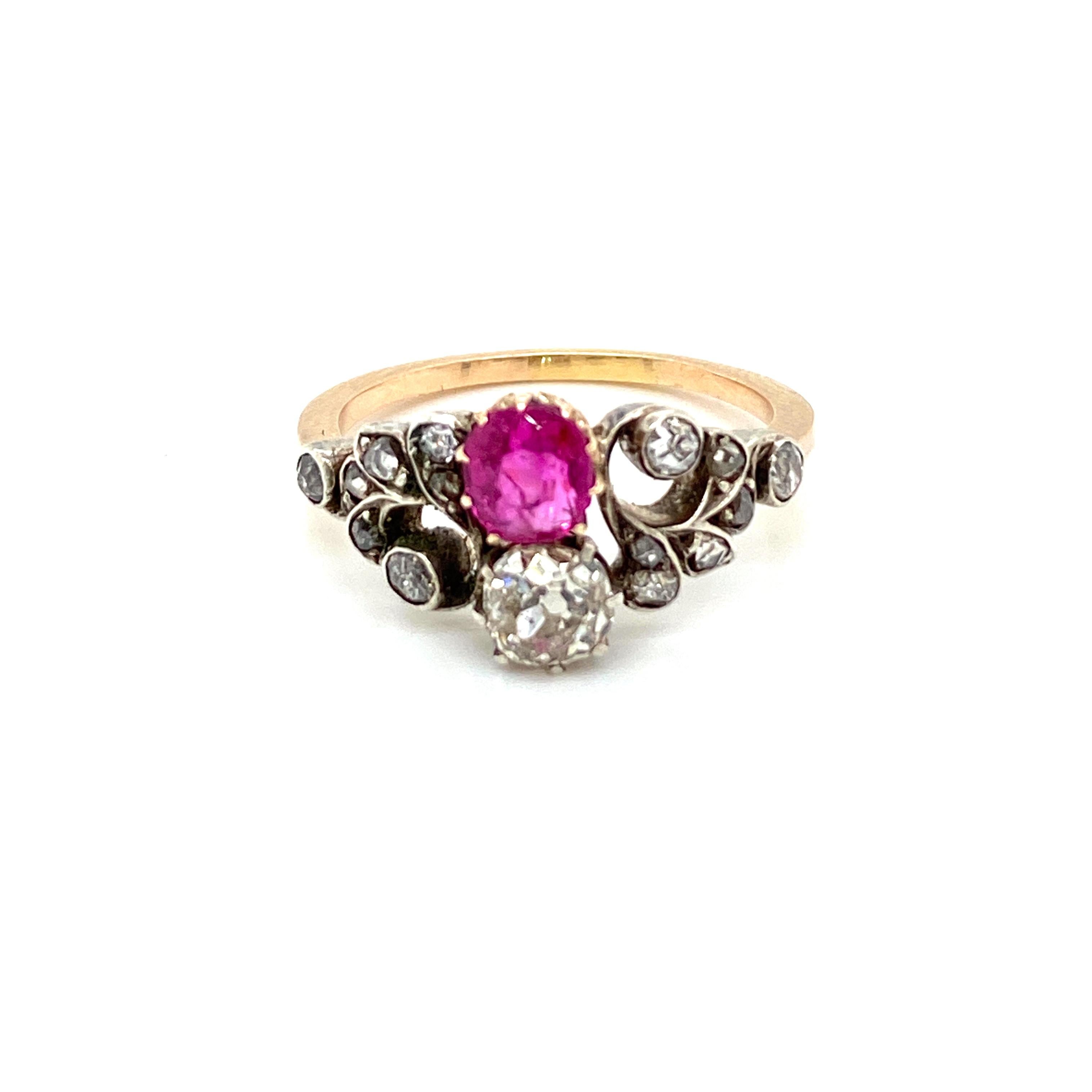 Mixed Cut Victorian Natural Unheated Ruby Diamond Vous et Moi Ring