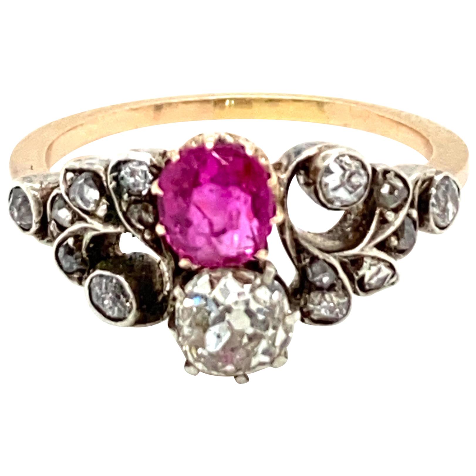 Victorian Natural Unheated Ruby Diamond Vous et Moi Ring