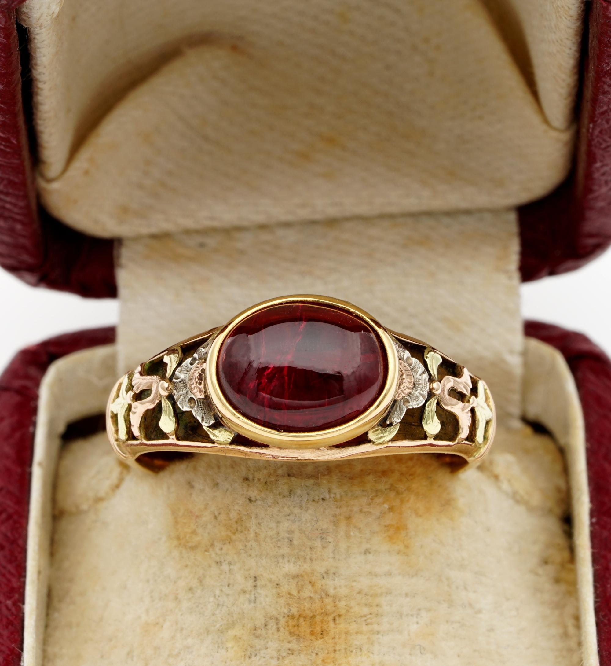 So Rare to Treasure!

This very unusual Victorian ring attracts for beauty of the mount and mesmerizing Blood Red to the stone further than secret hidden compartment to the crown 
Amazing pierce work to the sides with a plain back shank and lovely