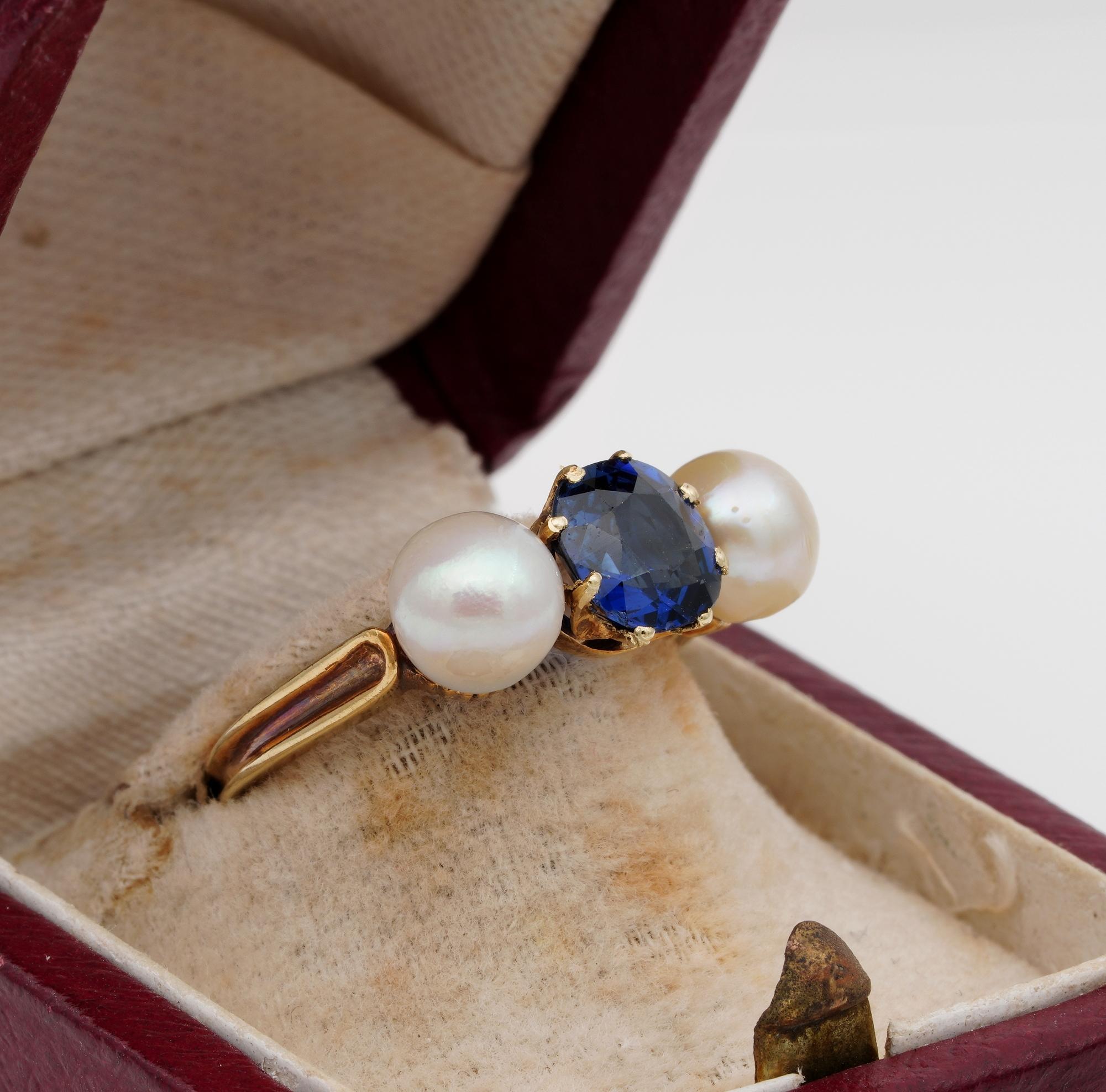 Antique Cushion Cut Victorian Natural untreated Sapphire Natural Pearl Three stone Ring For Sale
