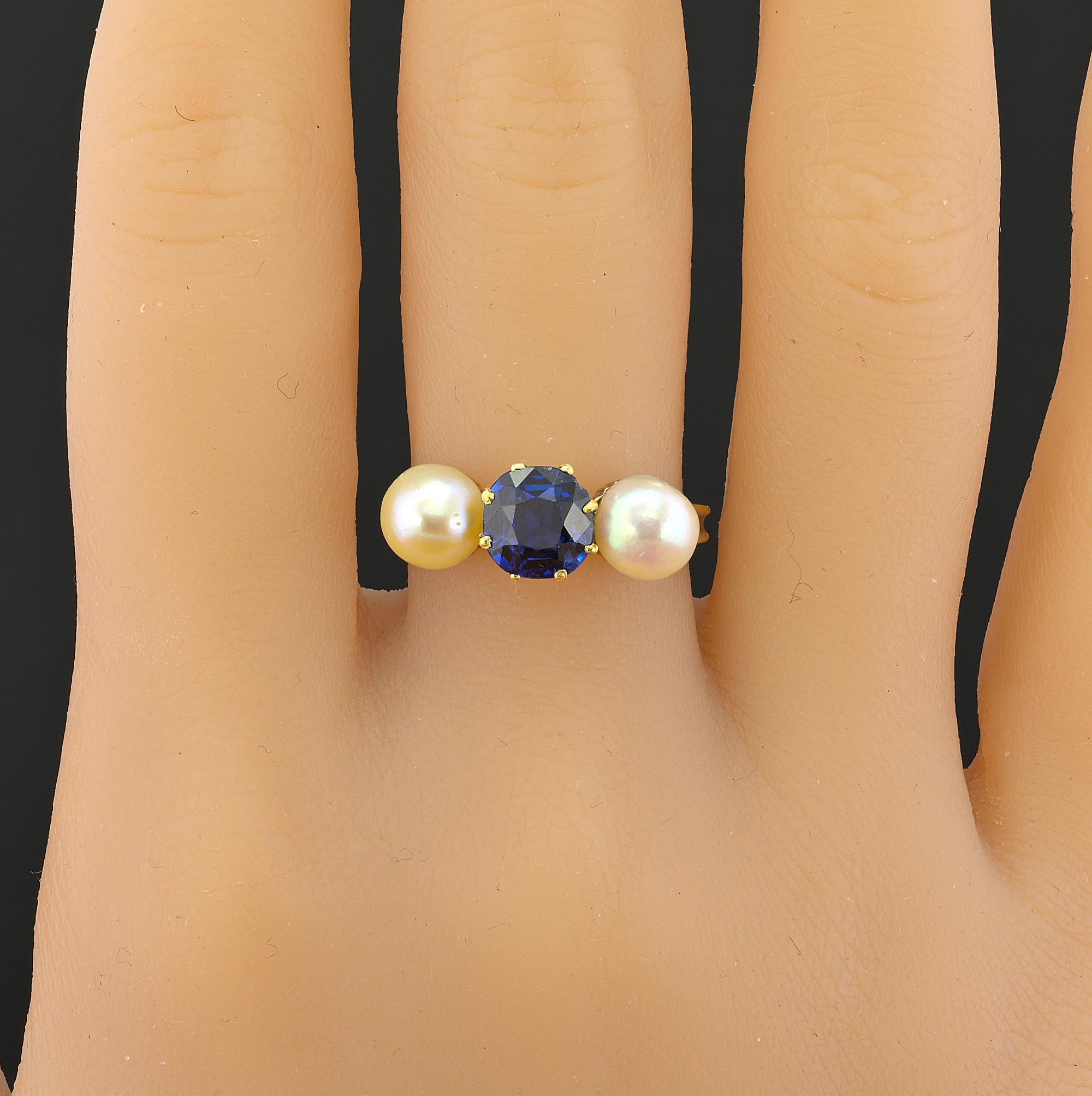 Victorian Natural untreated Sapphire Natural Pearl Three stone Ring For Sale 2