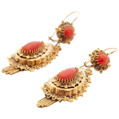 Vintage 14K Yellow Gold Natural Red Coral Dangle Earrings