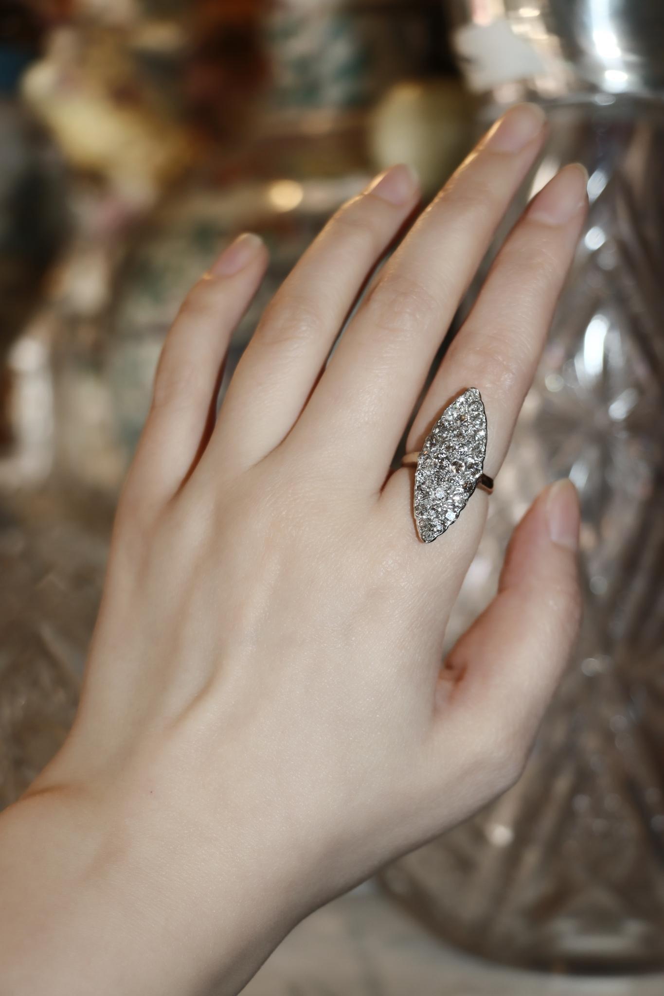 Victorian Navette 18K Gold 2.35 Carat Rose Cut Diamond Dinner Ring
Featuring a unique pave setting of various Rose cut Diamonds mounted in a simplistic yet capturing way.

Approximate Dimensions:
5.5 (Ring Size) 
3 cm (Face Length) 
1.3 cm (Face