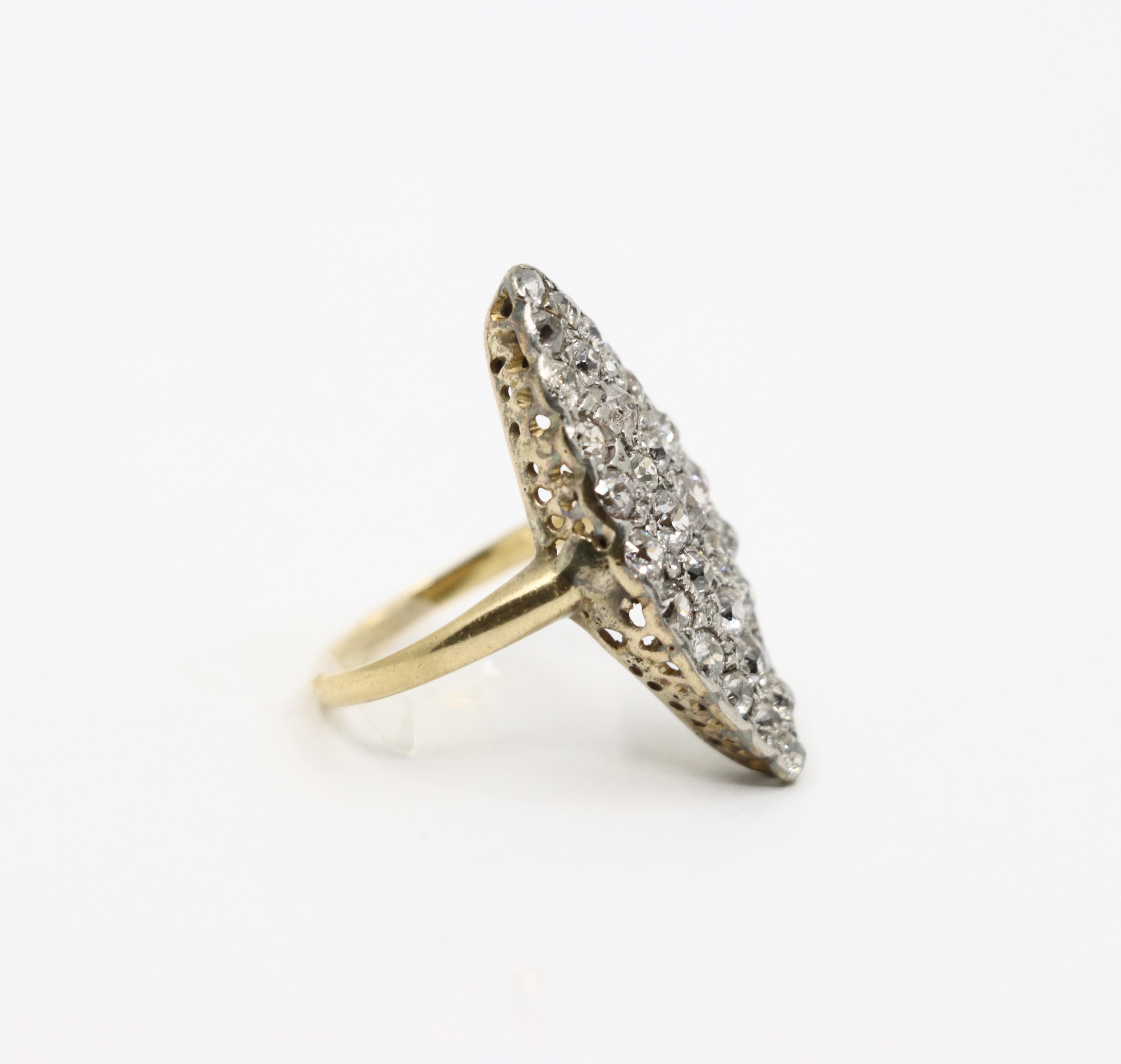 Victorian Navette 18K Gold 2.35 Carat Rose Cut Diamond Dinner Ring In Good Condition In Flushing, NY