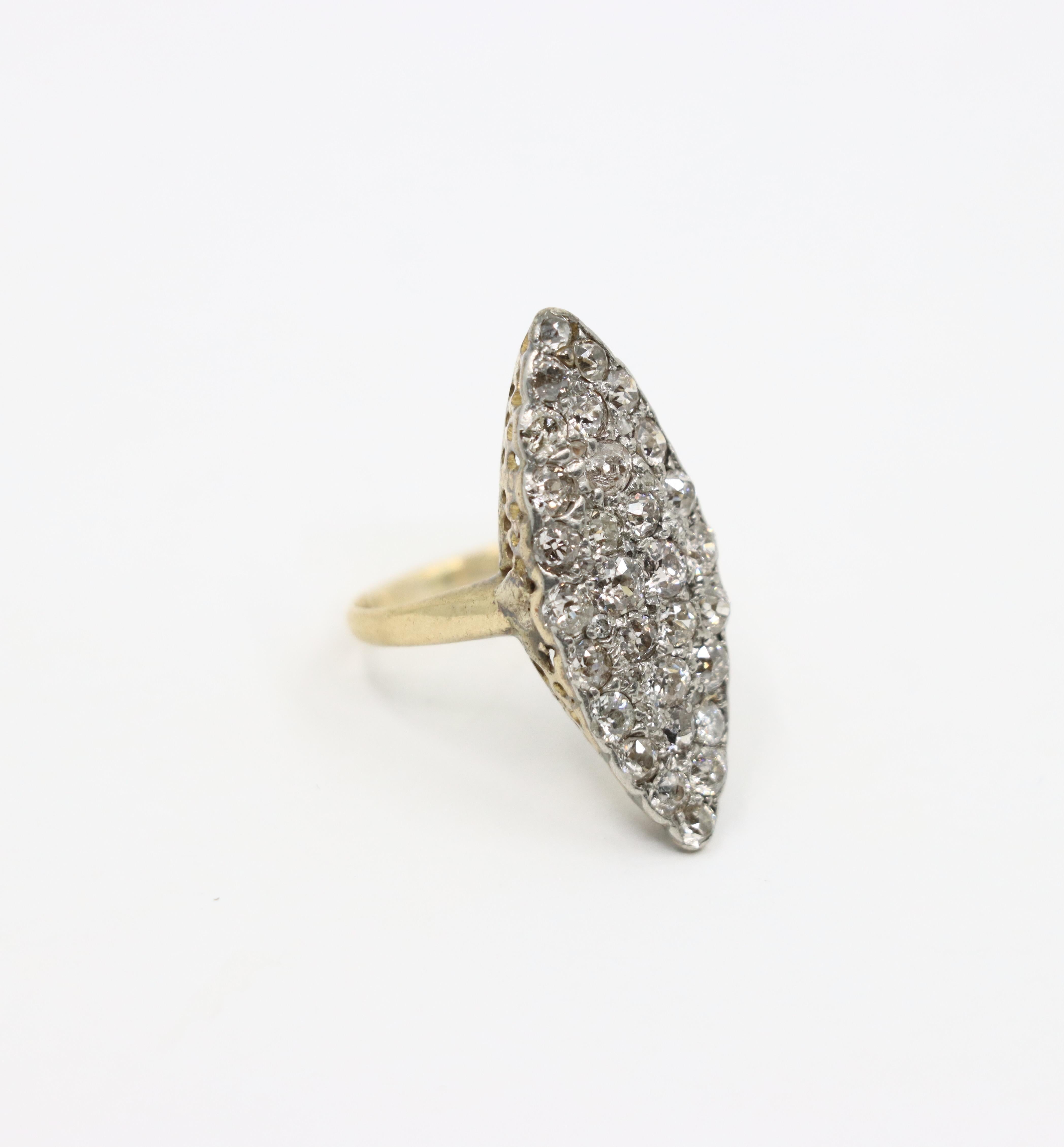 Women's Victorian Navette 18K Gold 2.35 Carat Rose Cut Diamond Dinner Ring