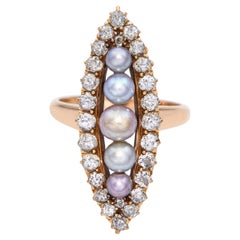 Victorian Navette 18k Yellow Gold Natural Pearl and Diamond Ring