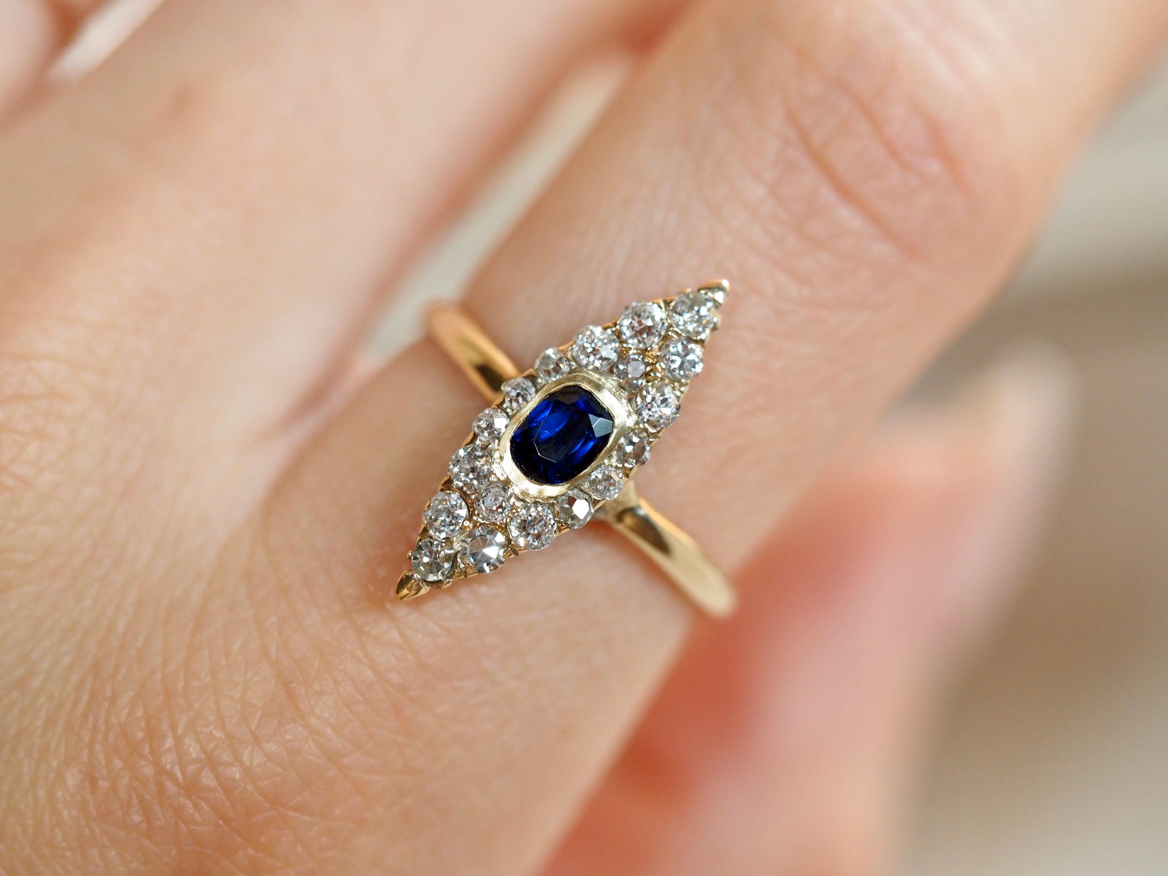 Old Mine Cut Victorian Navette Blue Sapphire Diamond Ring, circa 1990s