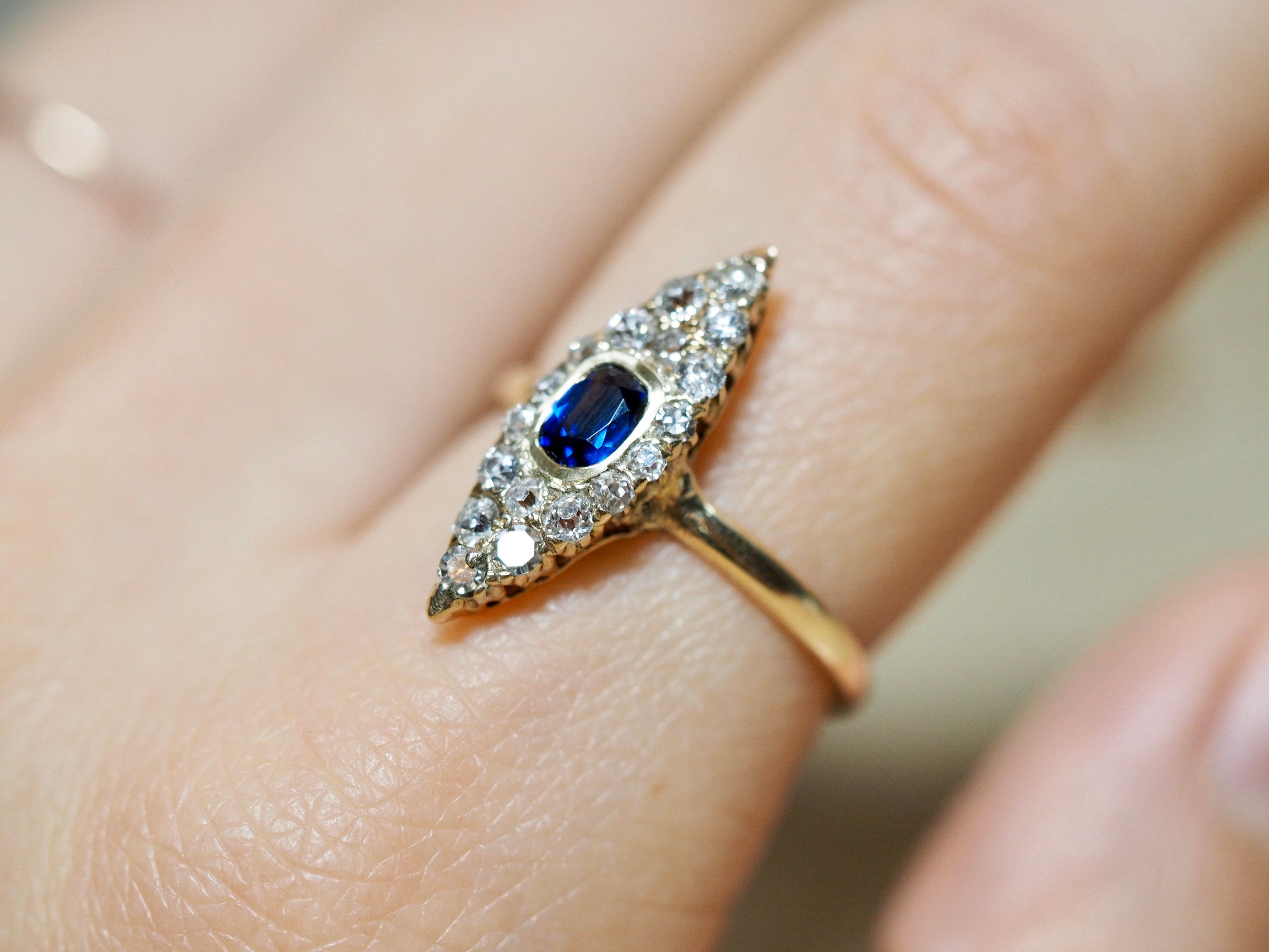 Victorian Navette Blue Sapphire Diamond Ring, circa 1990s In Excellent Condition In Addison, TX