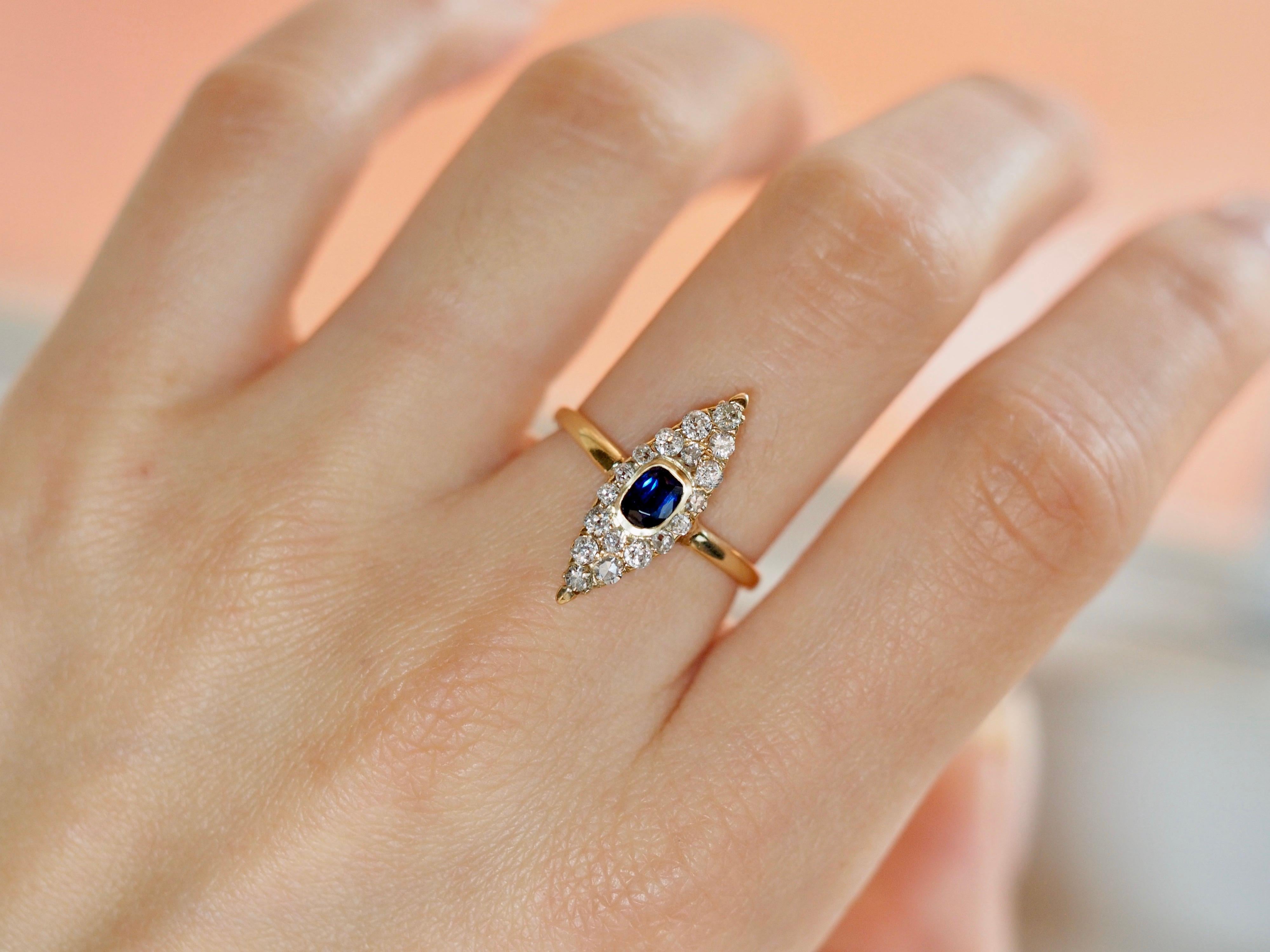 Women's or Men's Victorian Navette Blue Sapphire Diamond Ring, circa 1990s