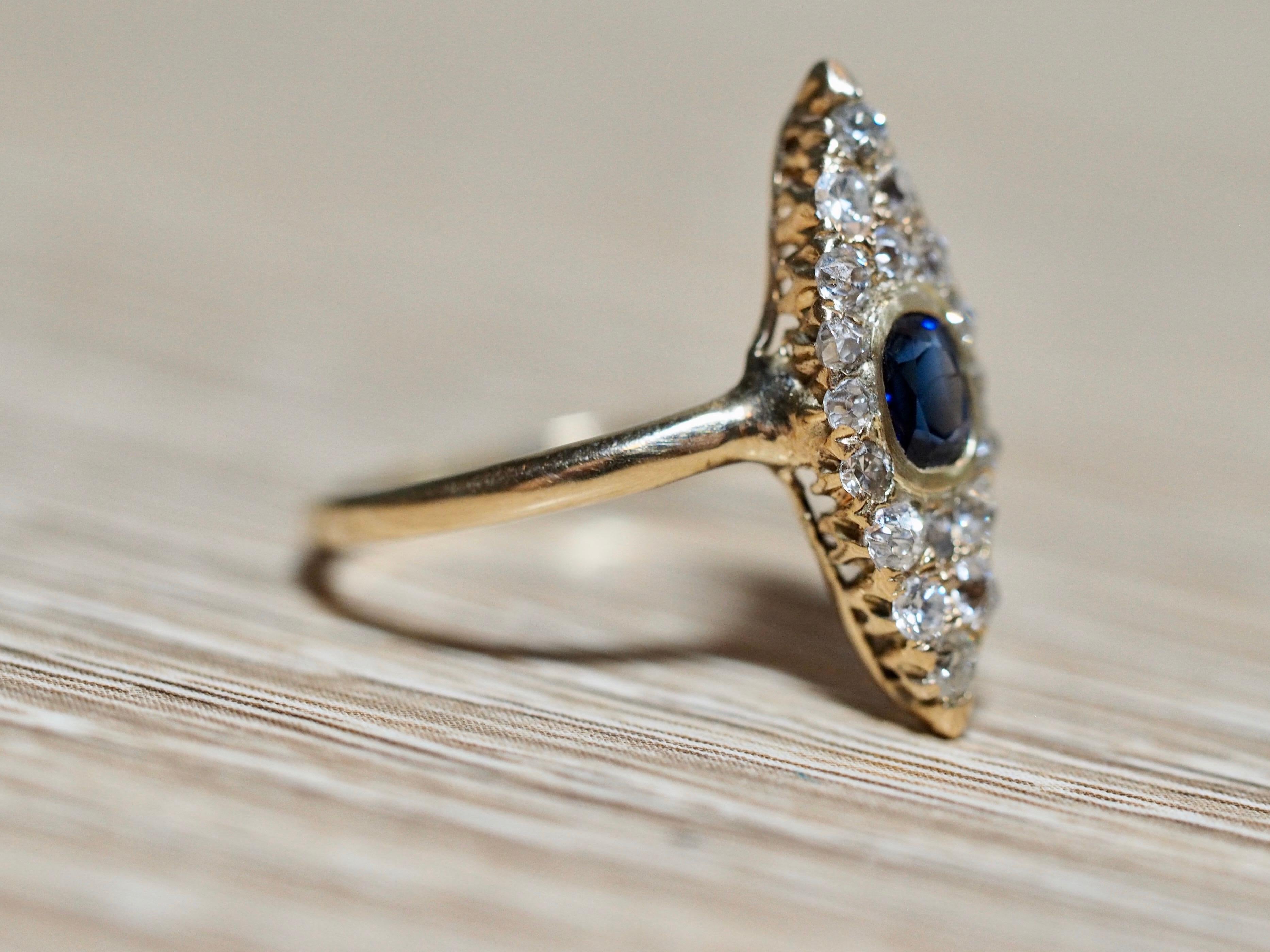 Victorian Navette Blue Sapphire Diamond Ring, circa 1990s 2