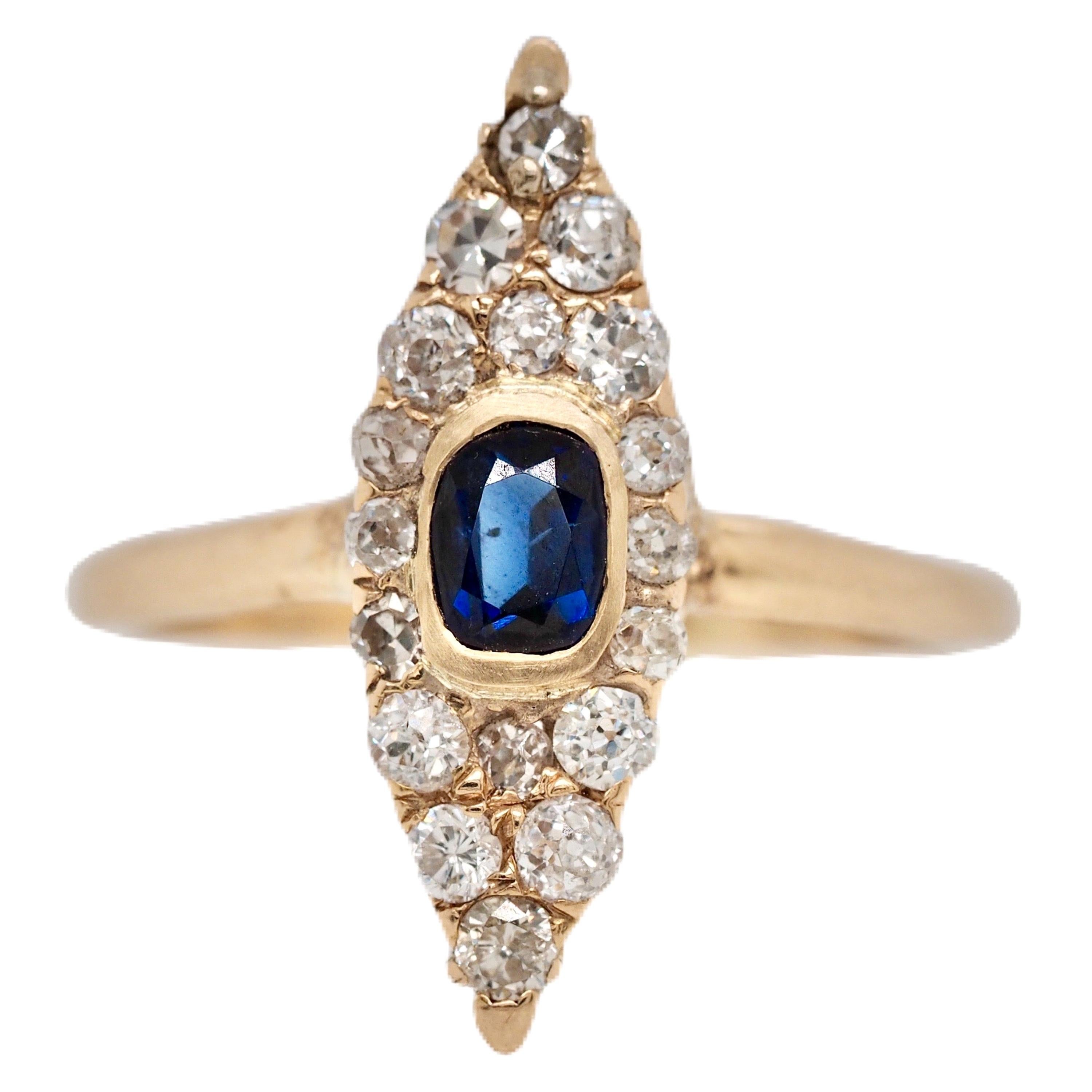 Victorian Navette Blue Sapphire Diamond Ring, circa 1990s