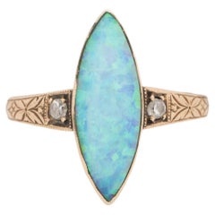 Victorian Navette Shaped Opal Statement Ring with Old European Cut Diamonds