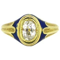 Victorian Navy Blue Enamel Cushion Cut Diamond Ring, 18 Karat Yellow, circa
