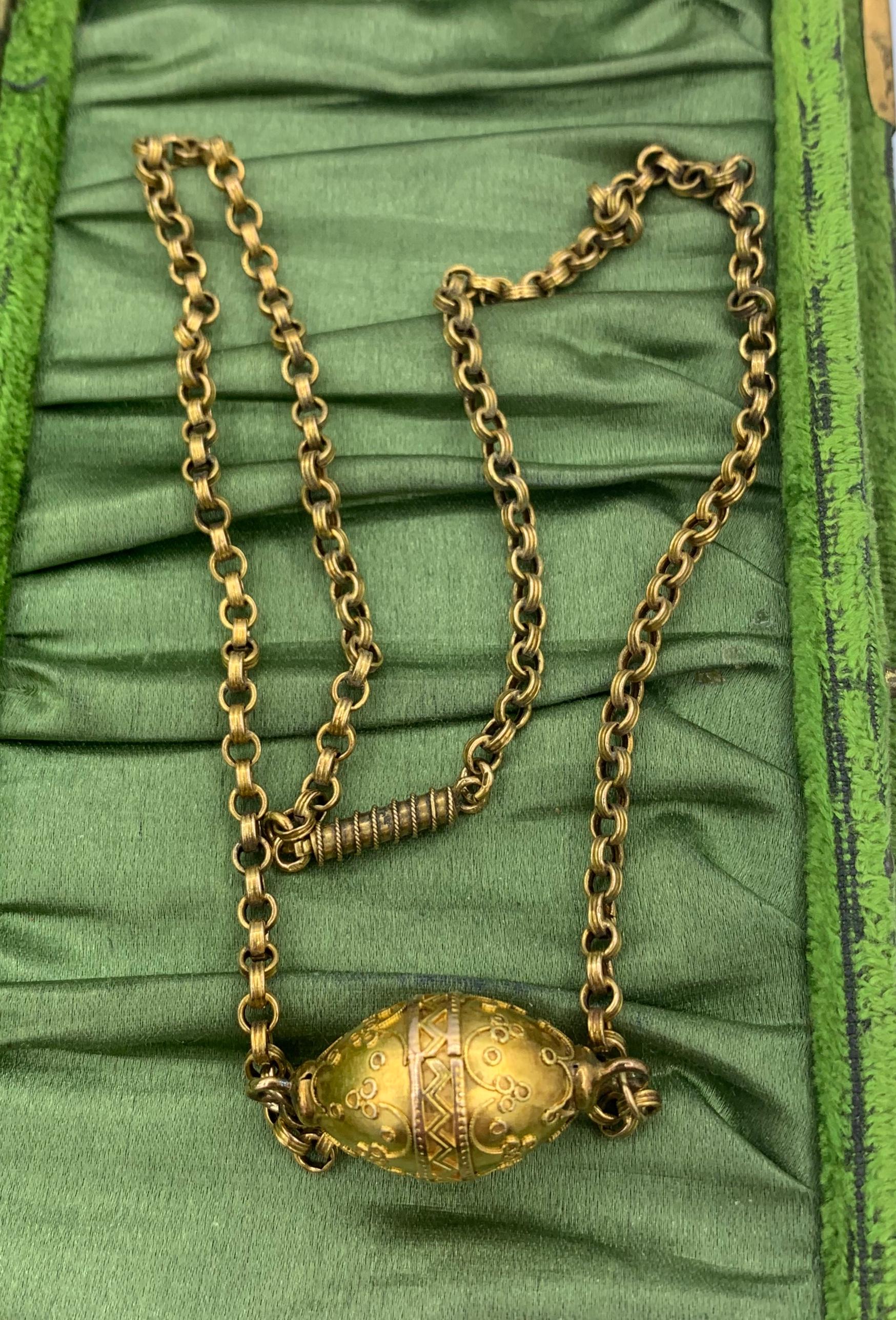 Round Cut Victorian Necklace 14 Karat Gold Etruscan Revival Antique, Circa 1860 For Sale