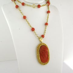 Collar y colgante de estilo VICTORIANO con coral, oro de 14k, 25,3 gramos