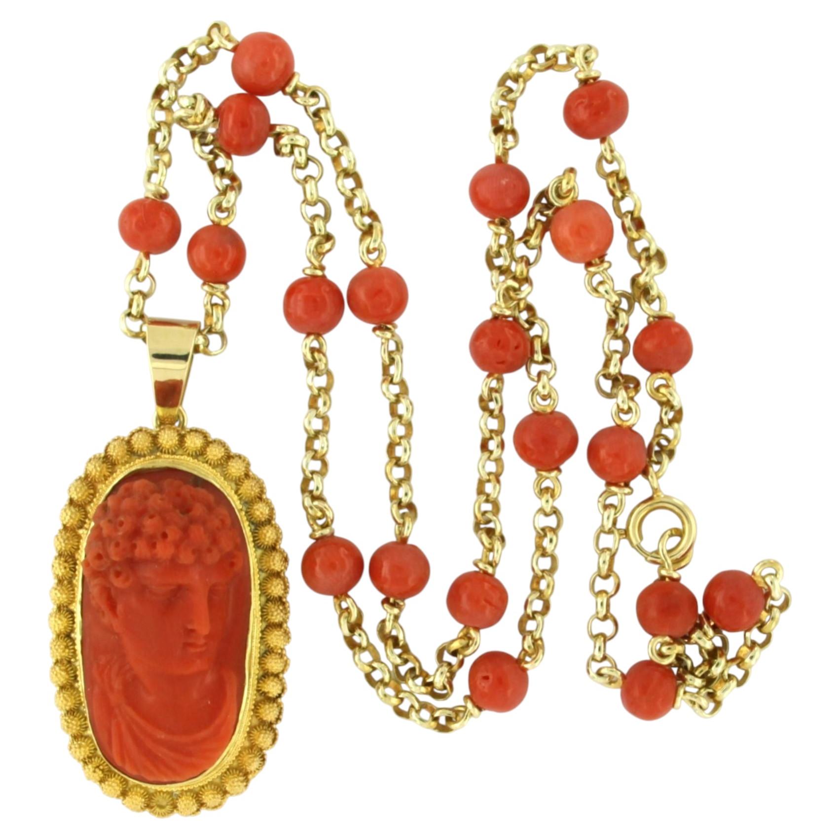 Collar y colgante de estilo VICTORIANO con coral, oro de 14k, 25,3 gramos