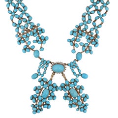 Victorian Necklace In 14kt Gold with 187.50 Cts In Turquoises & Diamonds