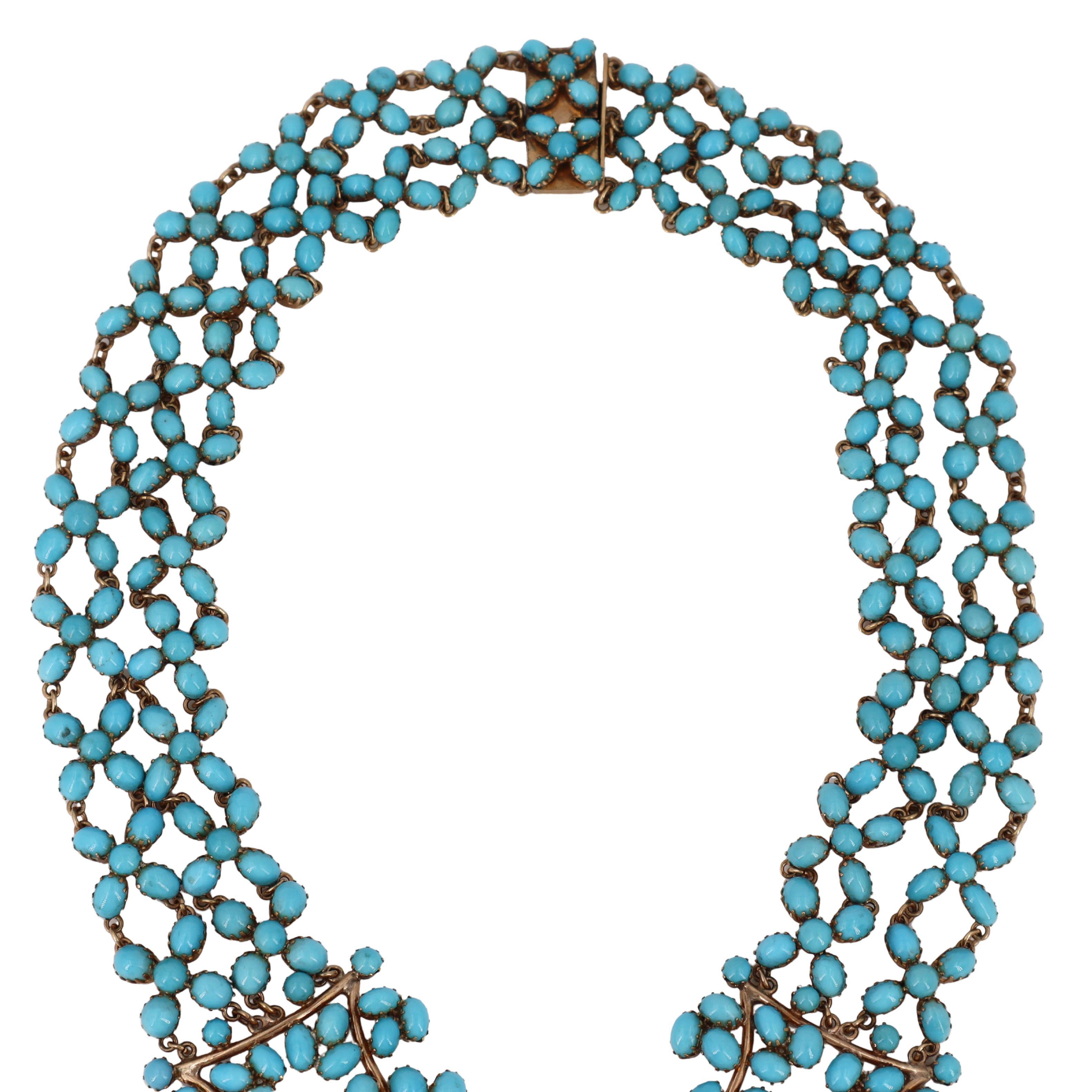 Cabochon Collana vittoriana in oro 14kt con 187,50 carati di turchesi e diamanti in vendita