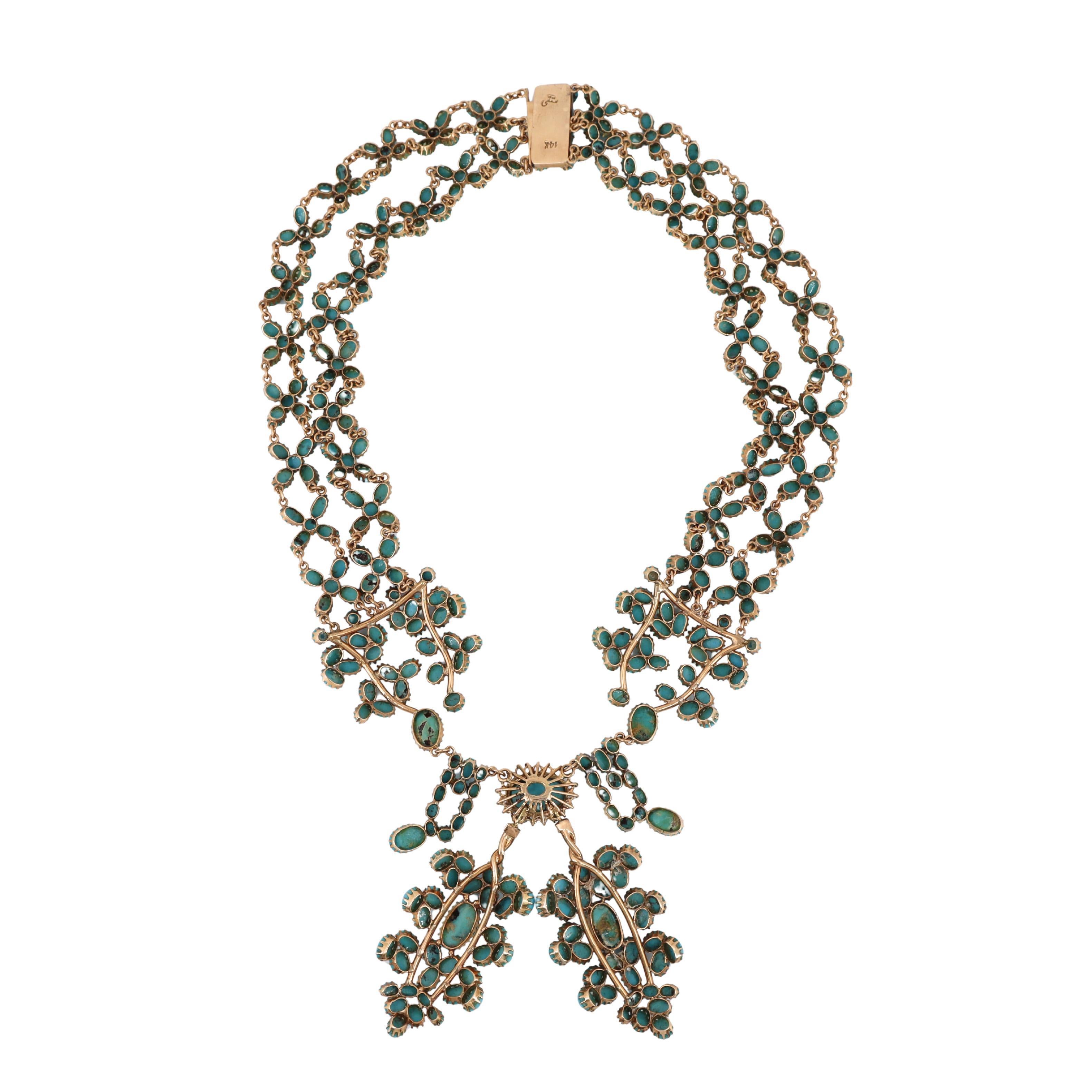 da uomo o donna Collana vittoriana in oro 14kt con 187,50 carati di turchesi e diamanti in vendita