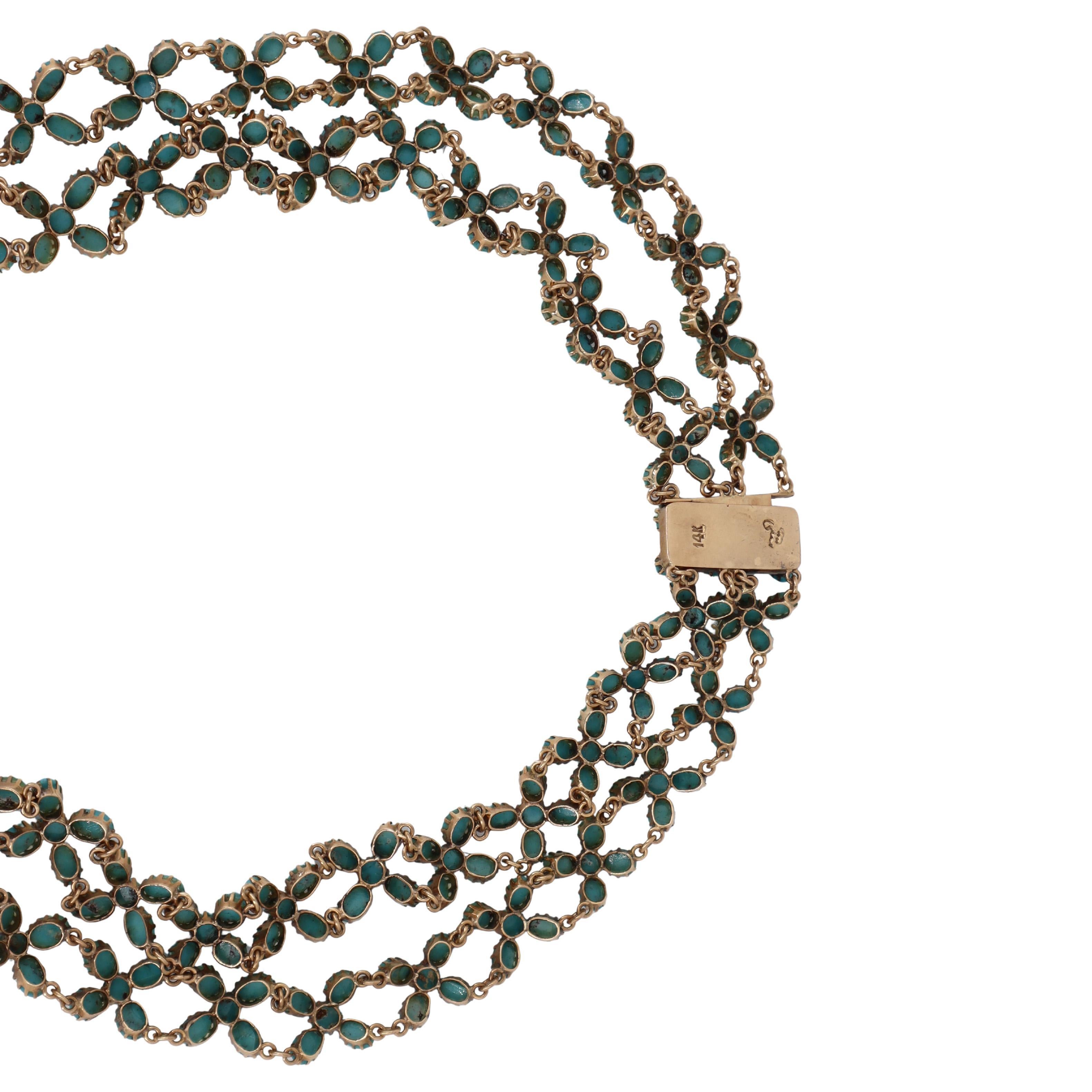 Collana vittoriana in oro 14kt con 187,50 carati di turchesi e diamanti in vendita 1