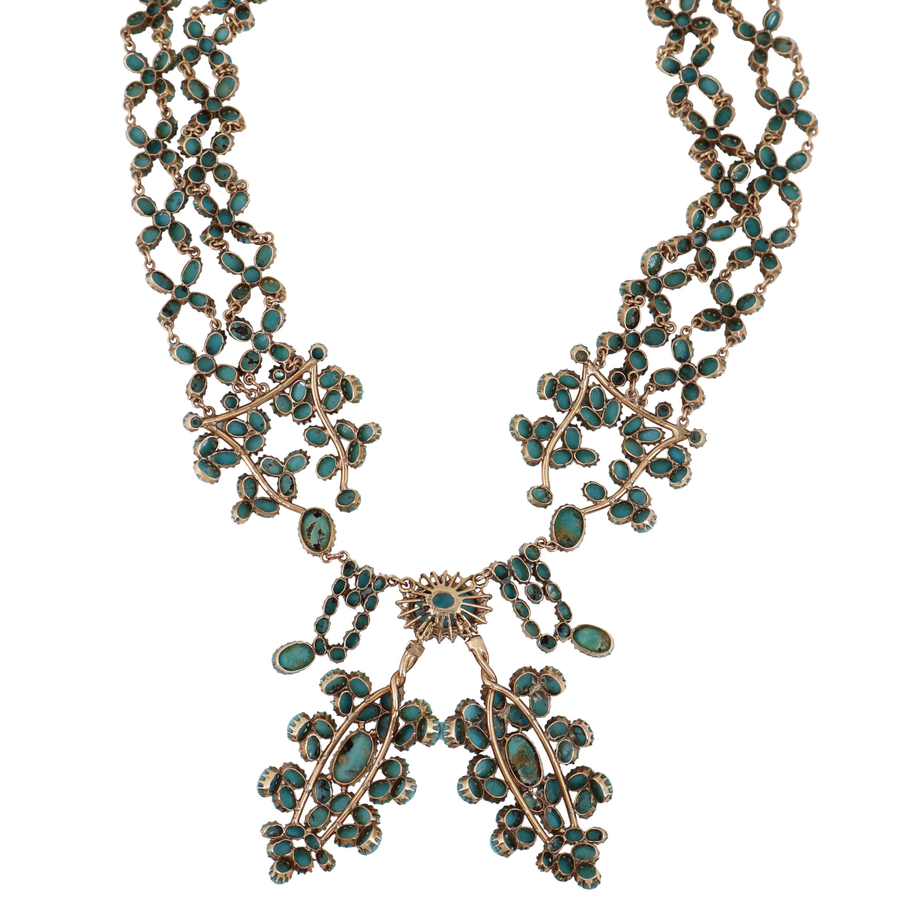 Collana vittoriana in oro 14kt con 187,50 carati di turchesi e diamanti in vendita 2