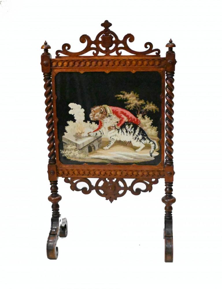 Quirky Victorian needlepoint tapestry on a wooden screen
Mahogany screen features barley twist legs
Design shows a monkey and cat scene
Circa 1890 on this collectable piece
Offered in great condition ready for home use right away
Will ship to