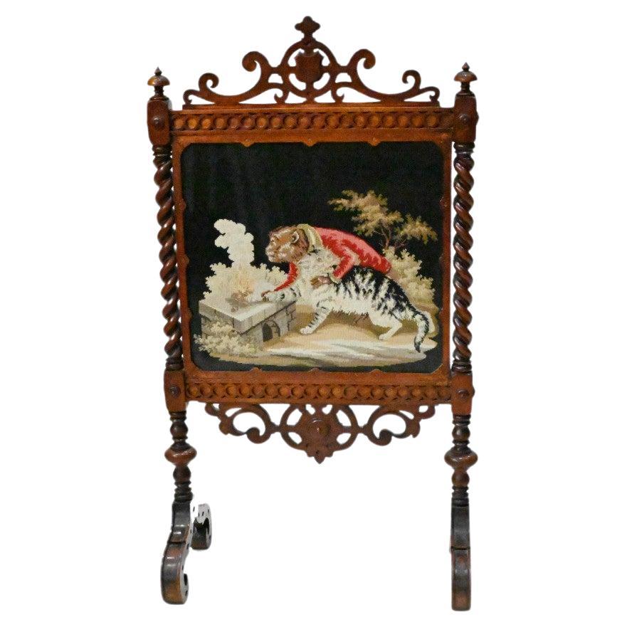 Victorian Needlepoint Tapestry Screen Monkey Cat For Sale