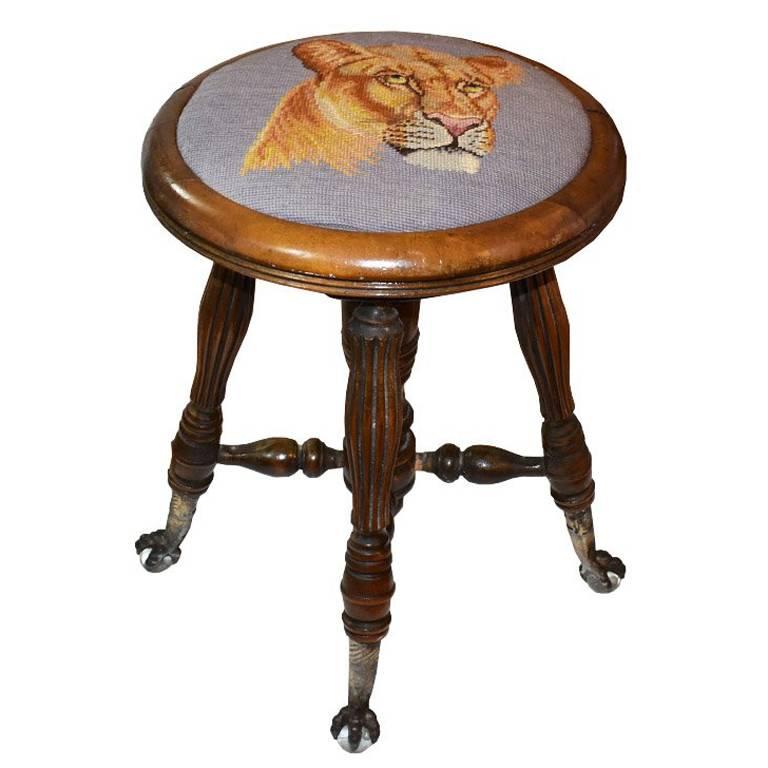 Hassock Needlepoint Tiger Motif Adjustable Piano Stool with Crystal Claw Feet