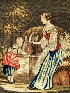 Victorian Needlework Pastoral Scene of Girls Collecting Water at a Cistern
