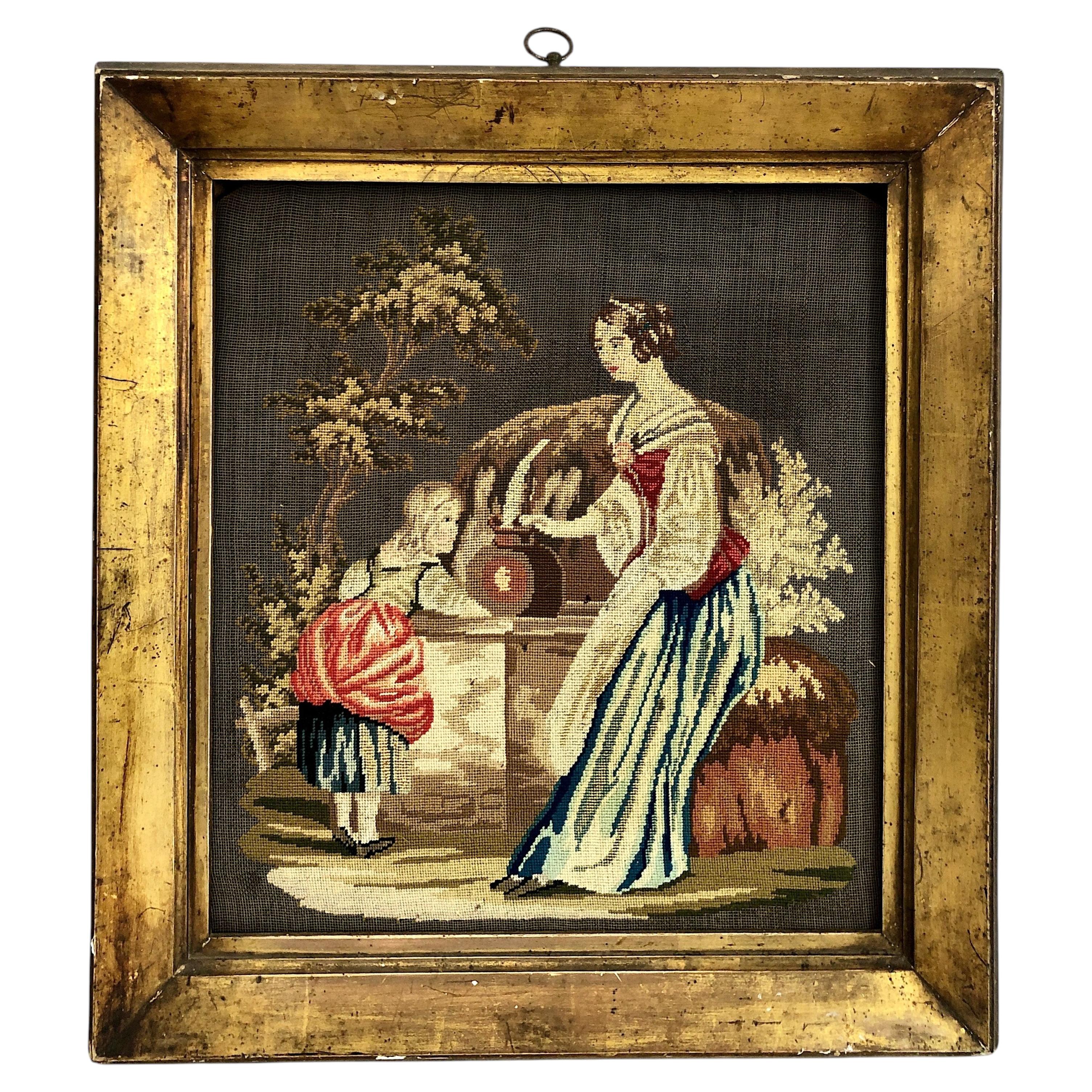 Victorian Needlework Pastoral Scene of Girls Collecting Water at a Cistern