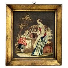 Victorian Needlework Pastoral Scene of Girls Collecting Water at a Cistern