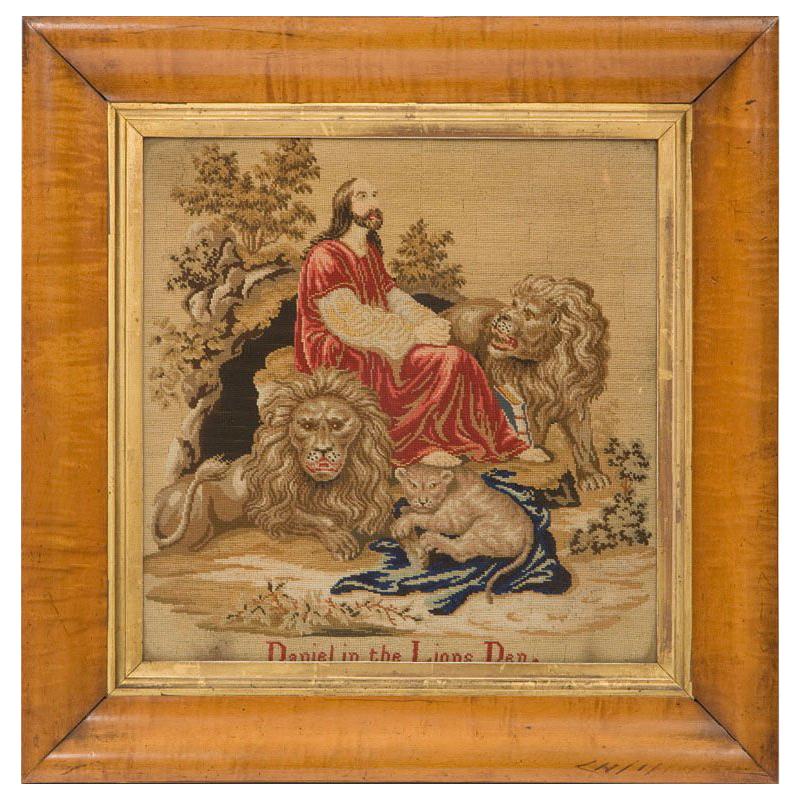 Victorian Needlework Picture Depicting Daniel in the Lions Den For Sale