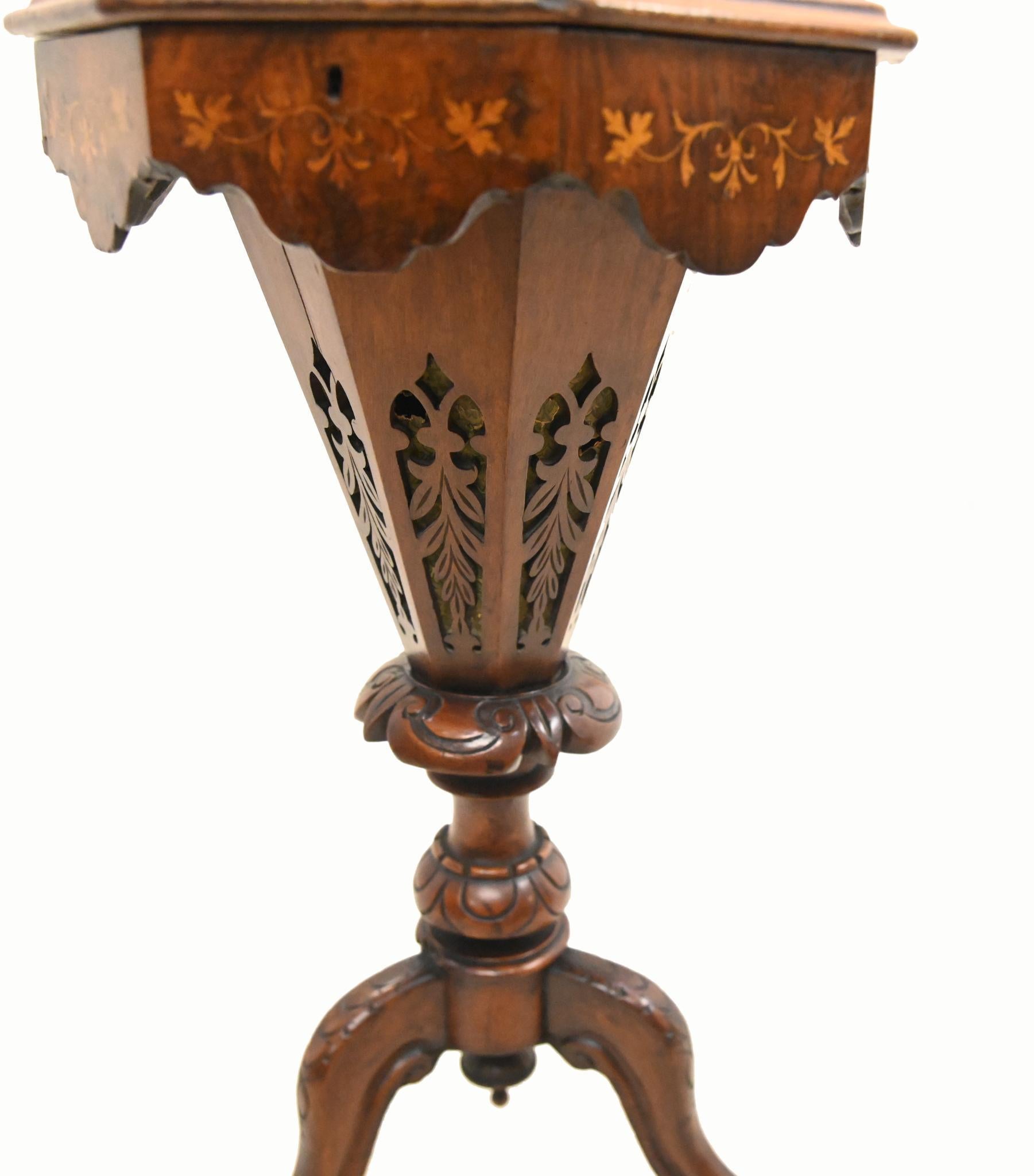 Gorgeous Victorian burr walnut trumpet workbox with a hexagonal hinged top revealing space for sewing etc
Love the trumpet form
Table top opens up to reveal green beize lined sewing compartments
Viewings available by appointment
Bought from a